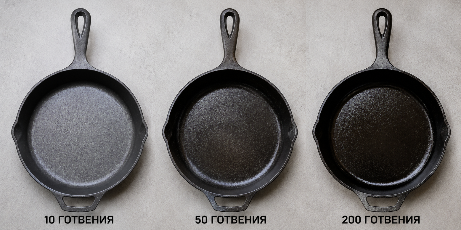 Как изглежда чугунът след 10, 50 и 200 готвения