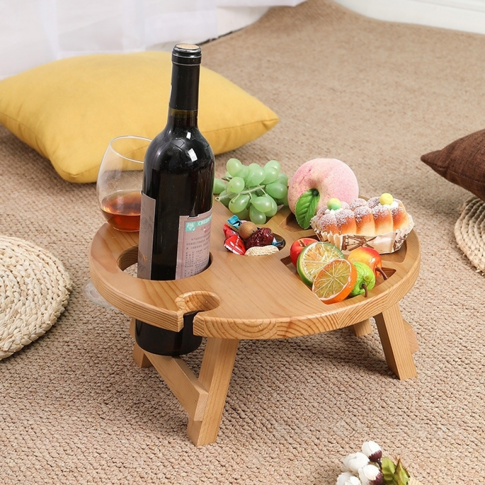 Дървена масичка за пикник за 2 чаши за вино, бутилка и мезета